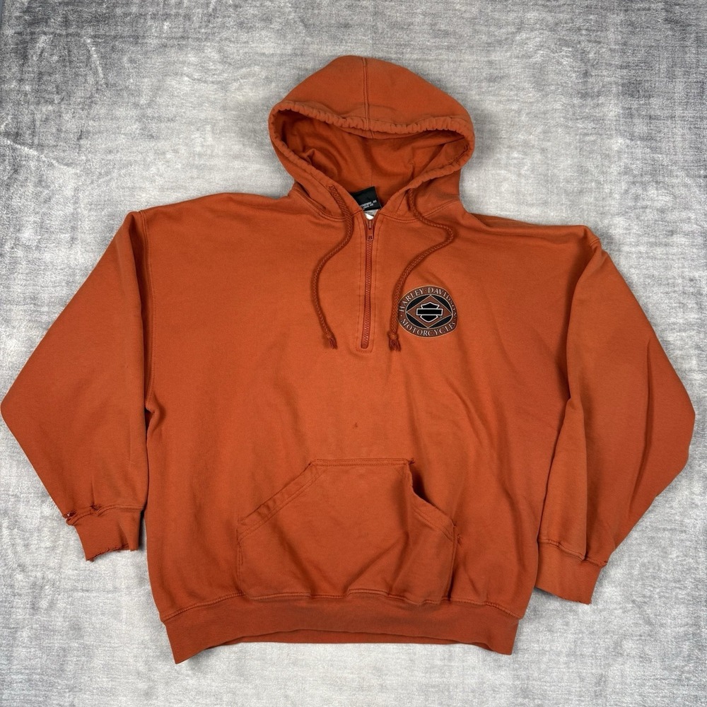 Harley Davidson Sweatshirt Mens 2XL Orange Full Zip Hoodie Double Sided Grunge